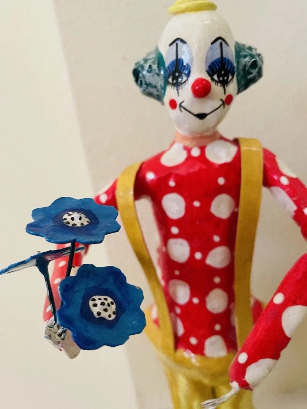 Vintage-handmade-collectible-paper mache +metal-clown with flowers-Mexican